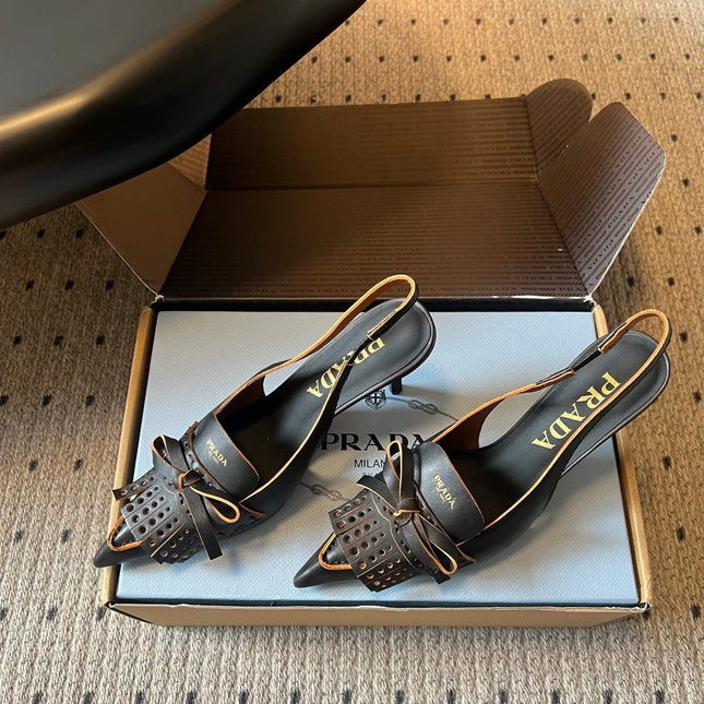 PRADA 26S POINTED TOE FRINGE BOW SLINGBACK PUMPS 85MM IN BLACK CALFSKIN