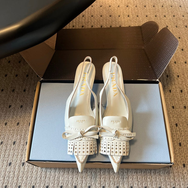 PRADA 26S POINTED TOE FRINGE BOW SLINGBACK PUMPS 55MM IN IVORY WHITE CALFSKIN