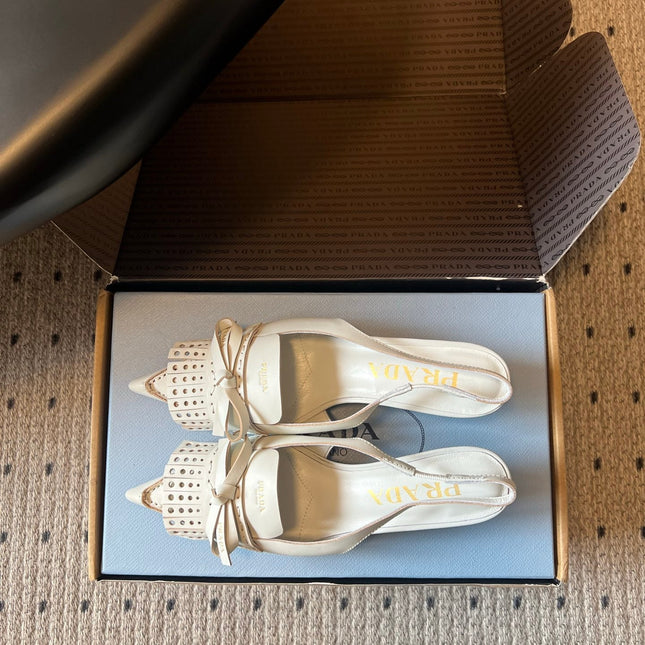 PRADA 26S POINTED TOE FRINGE BOW SLINGBACK PUMPS 55MM IN IVORY WHITE CALFSKIN