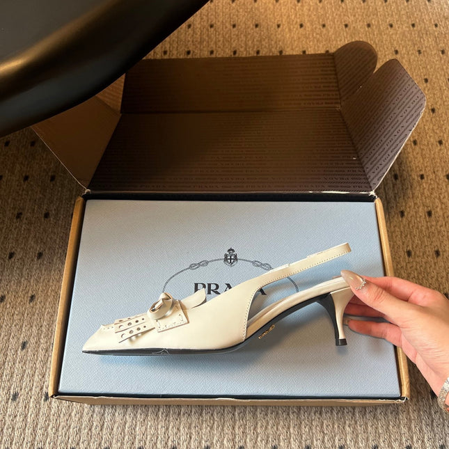 PRADA 26S POINTED TOE FRINGE BOW SLINGBACK PUMPS 55MM IN IVORY WHITE CALFSKIN
