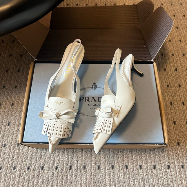 PRADA 26S POINTED TOE FRINGE BOW SLINGBACK PUMPS 55MM IN IVORY WHITE CALFSKIN