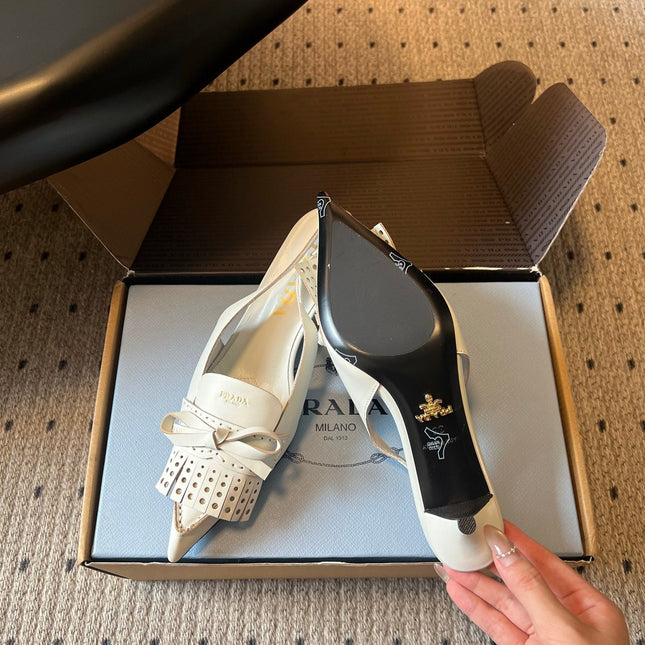 PRADA 26S POINTED TOE FRINGE BOW SLINGBACK PUMPS 55MM IN IVORY WHITE CALFSKIN
