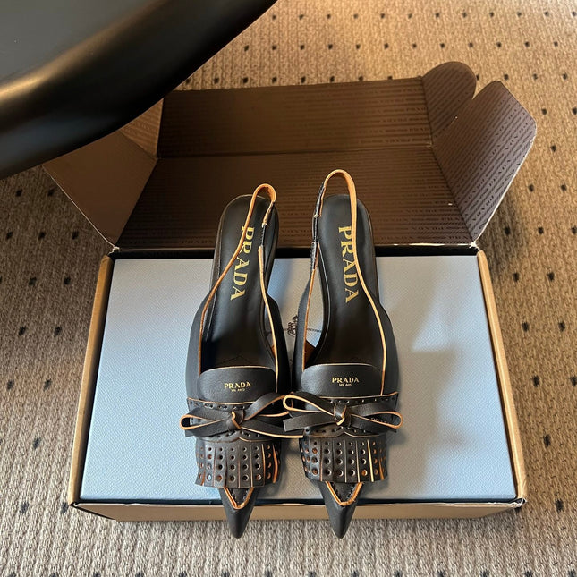 PRADA 26S POINTED TOE FRINGE BOW SLINGBACK PUMPS 55MM IN BLACK CALFSKIN