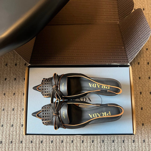 PRADA 26S POINTED TOE FRINGE BOW SLINGBACK PUMPS 55MM IN BLACK CALFSKIN