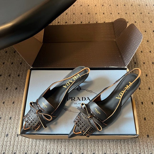 PRADA 26S POINTED TOE FRINGE BOW SLINGBACK PUMPS 55MM IN BLACK CALFSKIN