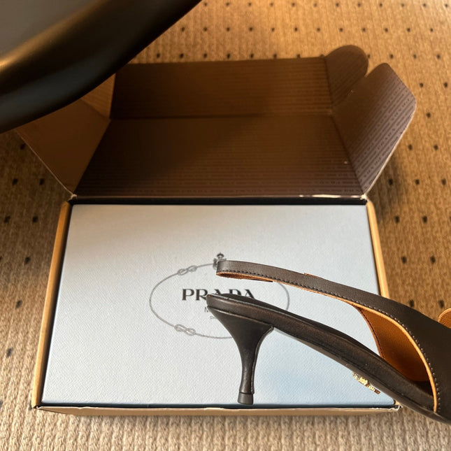 PRADA 26S POINTED TOE FRINGE BOW SLINGBACK PUMPS 55MM IN BLACK CALFSKIN