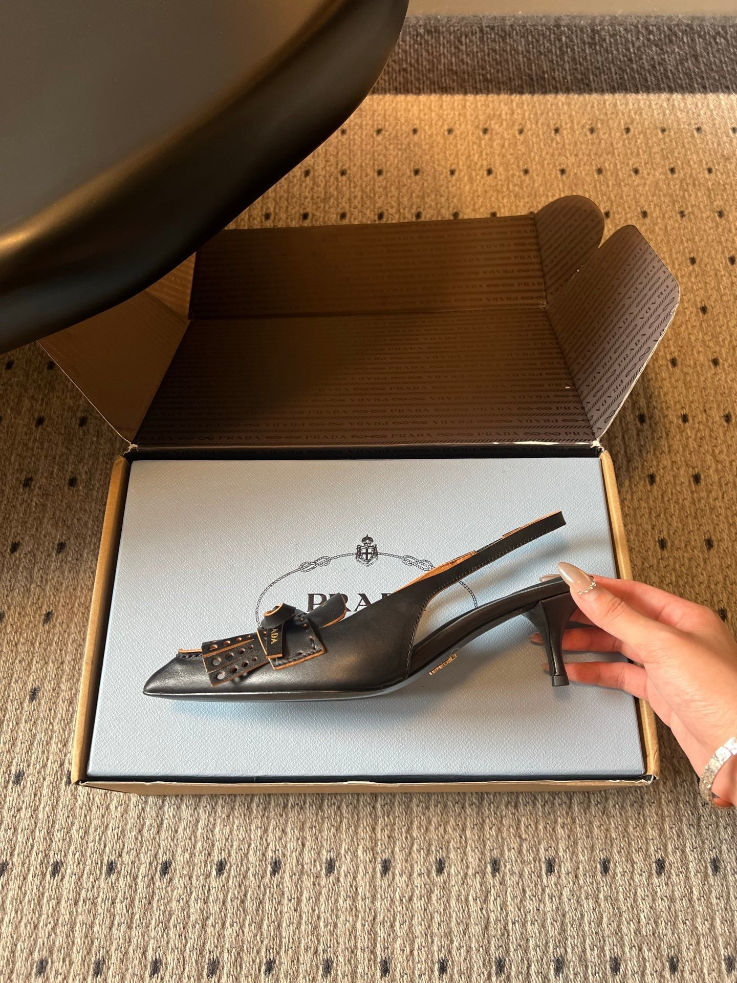 PRADA 26S POINTED TOE FRINGE BOW SLINGBACK PUMPS 55MM IN BLACK CALFSKIN