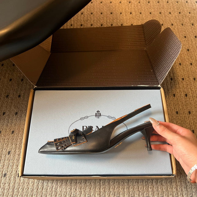 PRADA 26S POINTED TOE FRINGE BOW SLINGBACK PUMPS 55MM IN BLACK CALFSKIN