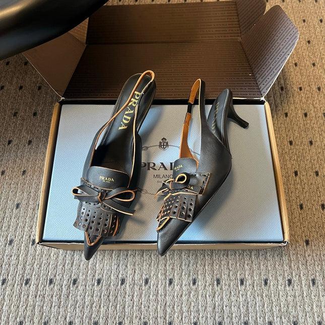 PRADA 26S POINTED TOE FRINGE BOW SLINGBACK PUMPS 55MM IN BLACK CALFSKIN