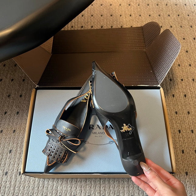 PRADA 26S POINTED TOE FRINGE BOW SLINGBACK PUMPS 55MM IN BLACK CALFSKIN