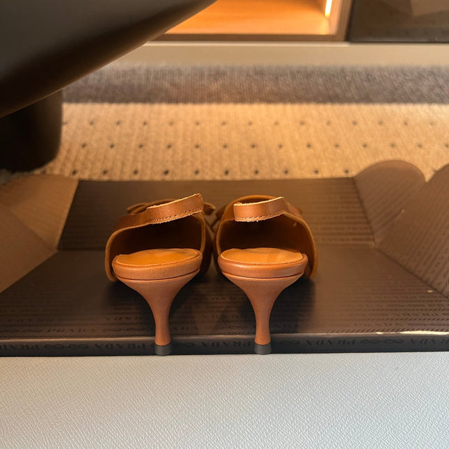 PRADA 26S POINTED TOE FRINGE BOW SLINGBACK PUMPS 55MM IN CARAMEL BROWN CALFSKIN
