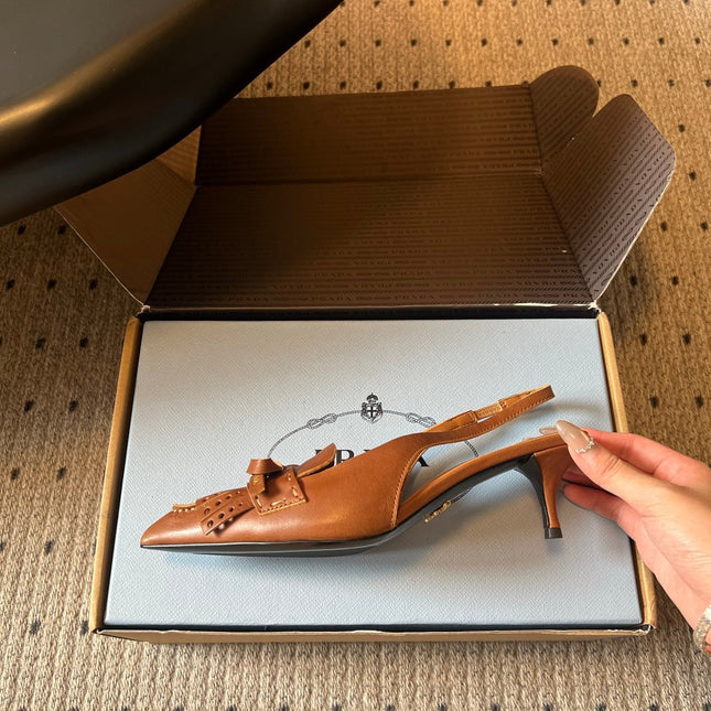 PRADA 26S POINTED TOE FRINGE BOW SLINGBACK PUMPS 55MM IN CARAMEL BROWN CALFSKIN