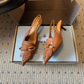 PRADA 26S POINTED TOE FRINGE BOW SLINGBACK PUMPS 55MM IN CARAMEL BROWN CALFSKIN