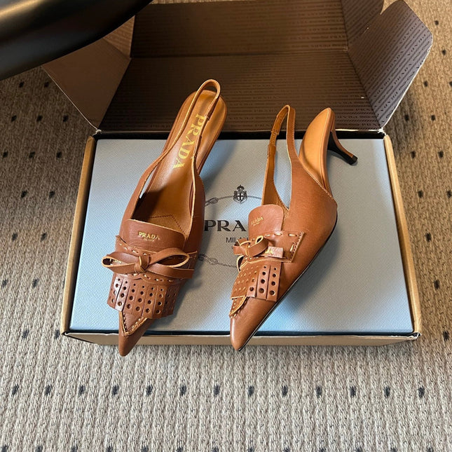 PRADA 26S POINTED TOE FRINGE BOW SLINGBACK PUMPS 55MM IN CARAMEL BROWN CALFSKIN