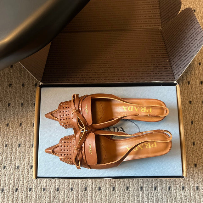 PRADA 26S POINTED TOE FRINGE BOW SLINGBACK PUMPS 55MM IN CARAMEL BROWN CALFSKIN