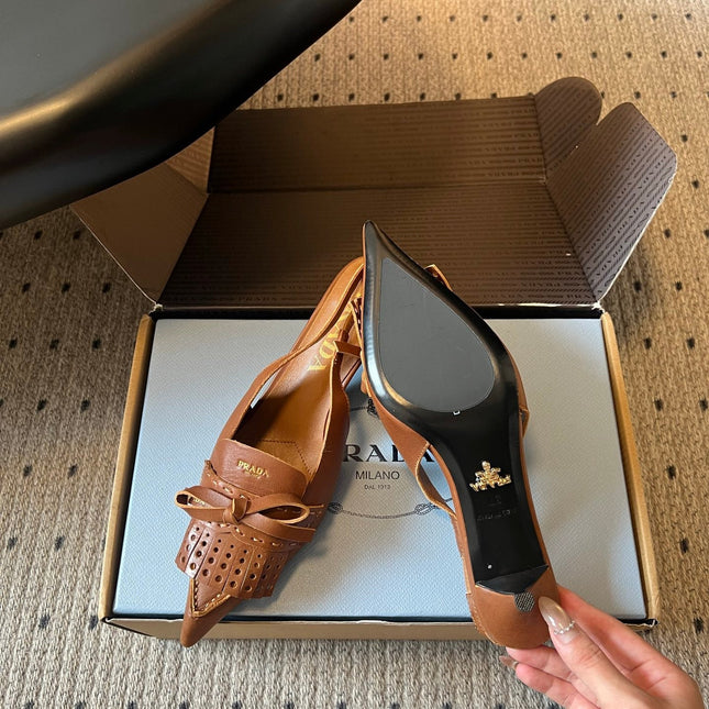 PRADA 26S POINTED TOE FRINGE BOW SLINGBACK PUMPS 55MM IN CARAMEL BROWN CALFSKIN