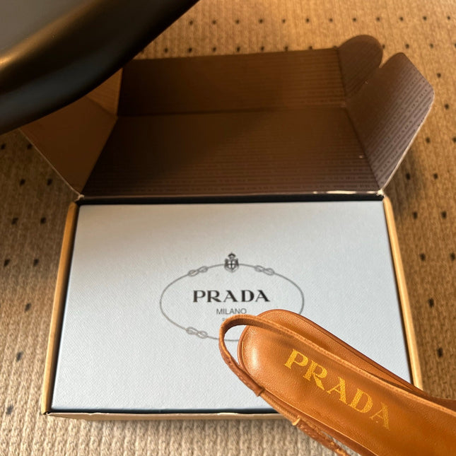 PRADA 26S POINTED TOE FRINGE BOW SLINGBACK PUMPS 55MM IN CARAMEL BROWN CALFSKIN