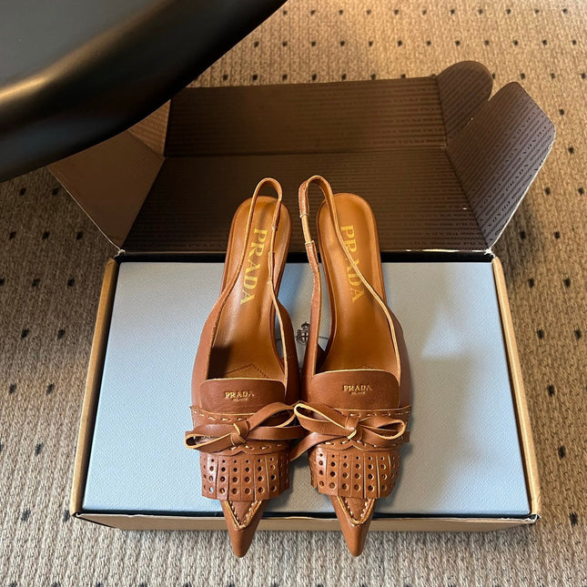 PRADA 26S POINTED TOE FRINGE BOW SLINGBACK PUMPS 55MM IN CARAMEL BROWN CALFSKIN