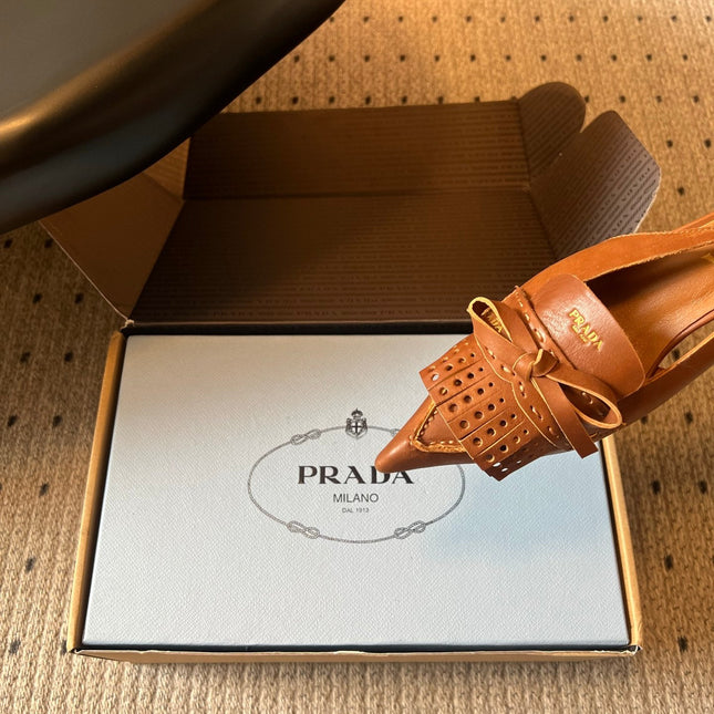 PRADA 26S POINTED TOE FRINGE BOW SLINGBACK PUMPS 55MM IN CARAMEL BROWN CALFSKIN