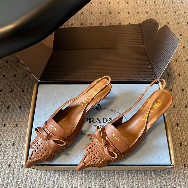 PRADA 26S POINTED TOE FRINGE BOW SLINGBACK PUMPS 55MM IN CARAMEL BROWN CALFSKIN