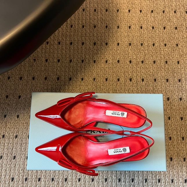 PRADA 26S BOW DETAIL SLINGBACK PUMPS 55MM IN RED PATENT CALFSKIN