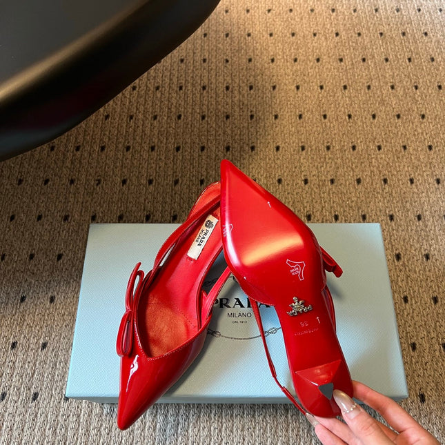 PRADA 26S BOW DETAIL SLINGBACK PUMPS 55MM IN RED PATENT CALFSKIN