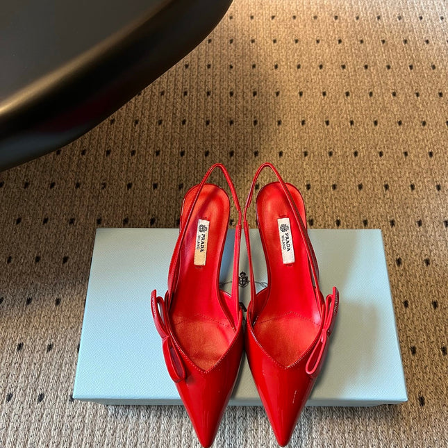 PRADA 26S BOW DETAIL SLINGBACK PUMPS 55MM IN RED PATENT CALFSKIN