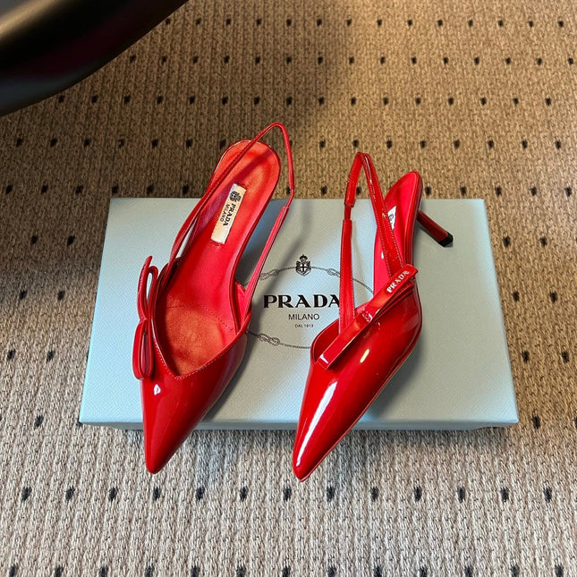 PRADA 26S BOW DETAIL SLINGBACK PUMPS 55MM IN RED PATENT CALFSKIN