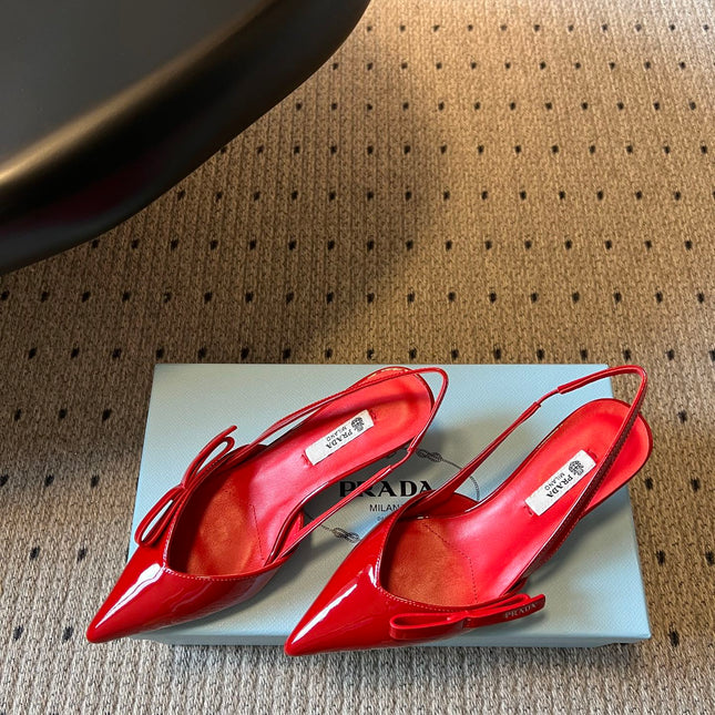 PRADA 26S BOW DETAIL SLINGBACK PUMPS 55MM IN RED PATENT CALFSKIN