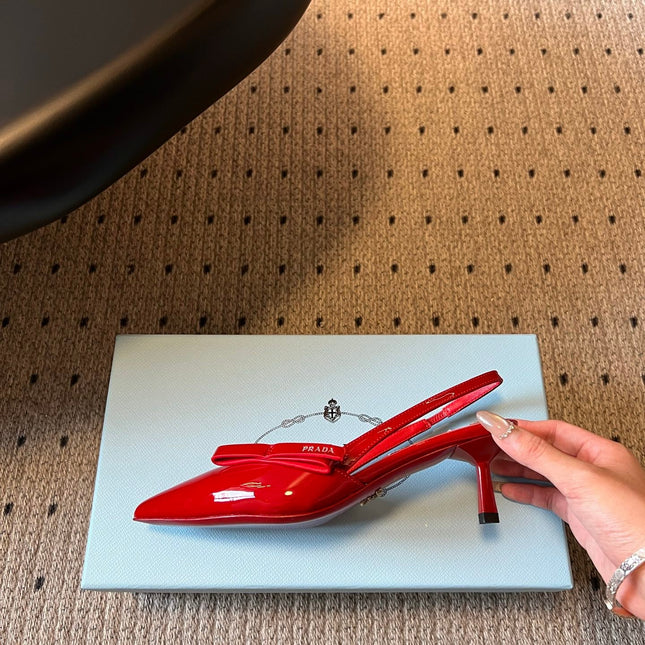 PRADA 26S BOW DETAIL SLINGBACK PUMPS 55MM IN RED PATENT CALFSKIN