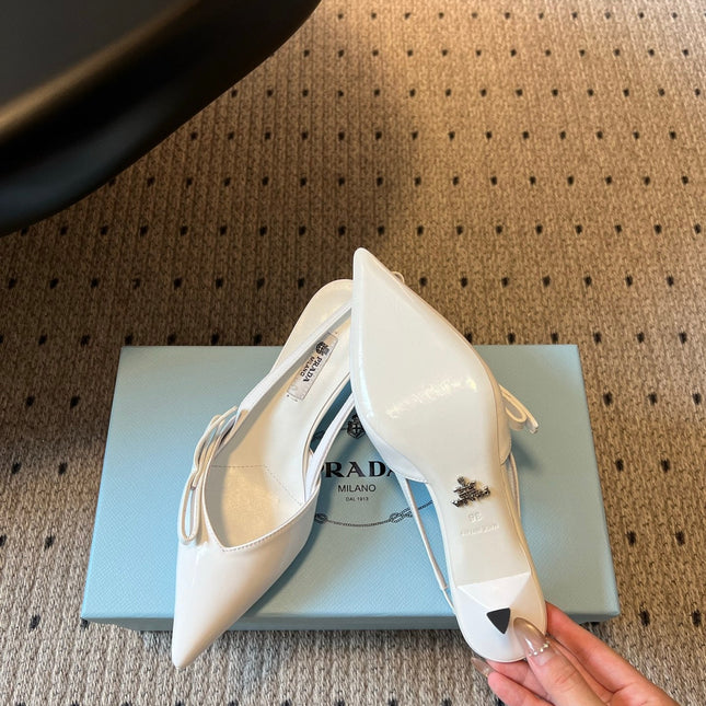 PRADA 26S BOW DETAIL SLINGBACK PUMPS 55MM IN WHITE PATENT CALFSKIN