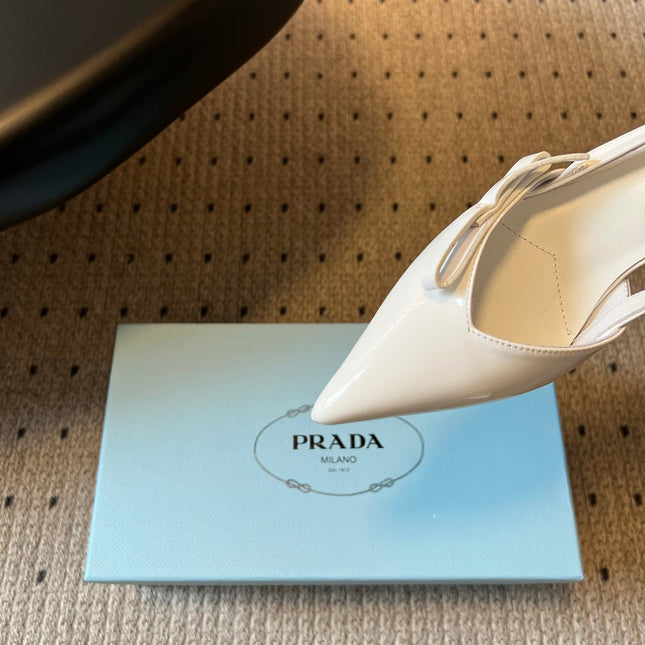 PRADA 26S BOW DETAIL SLINGBACK PUMPS 55MM IN WHITE PATENT CALFSKIN