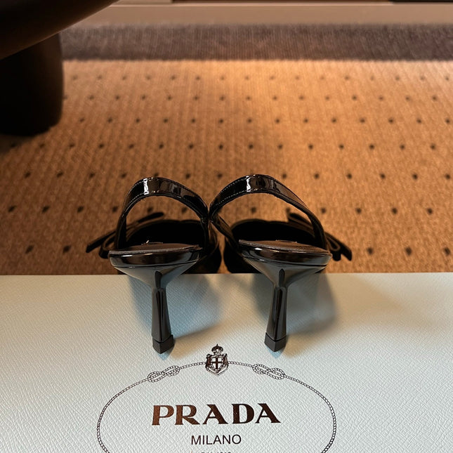 PRADA 26S BOW DETAIL SLINGBACK PUMPS 55MM IN BLACK PATENT CALFSKIN