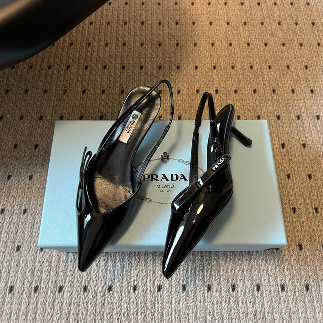 PRADA 26S BOW DETAIL SLINGBACK PUMPS 55MM IN BLACK PATENT CALFSKIN