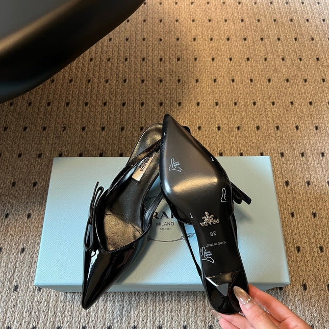 PRADA 26S BOW DETAIL SLINGBACK PUMPS 55MM IN BLACK PATENT CALFSKIN