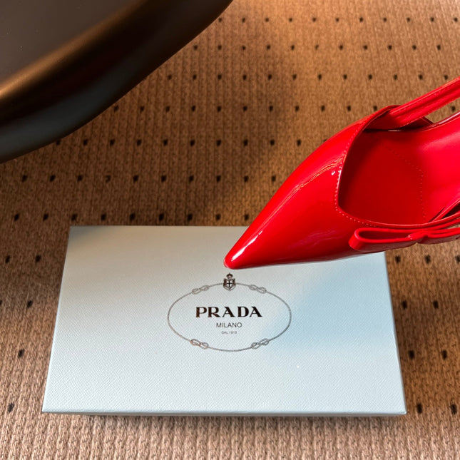 PRADA 26S BOW DETAIL SLINGBACK PUMPS 75MM IN RED PATENT CALFSKIN
