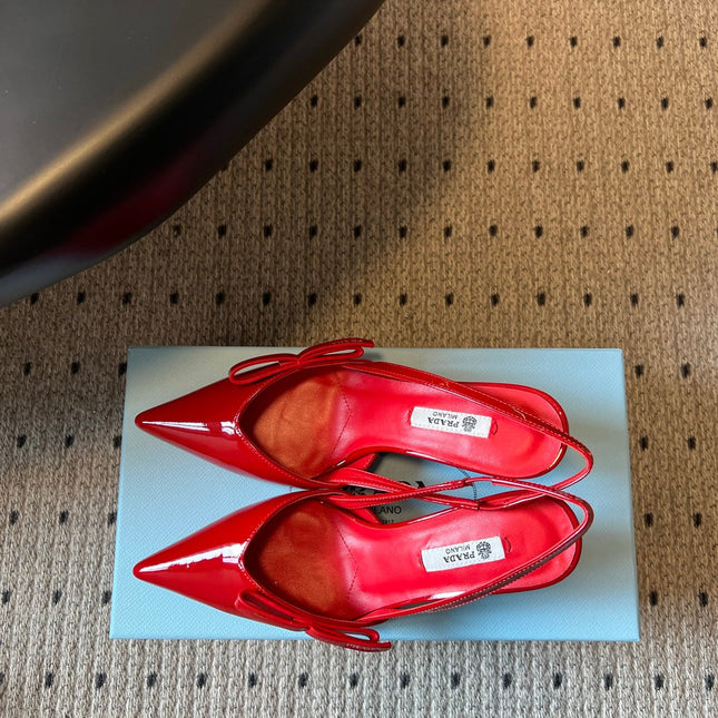 PRADA 26S BOW DETAIL SLINGBACK PUMPS 75MM IN RED PATENT CALFSKIN