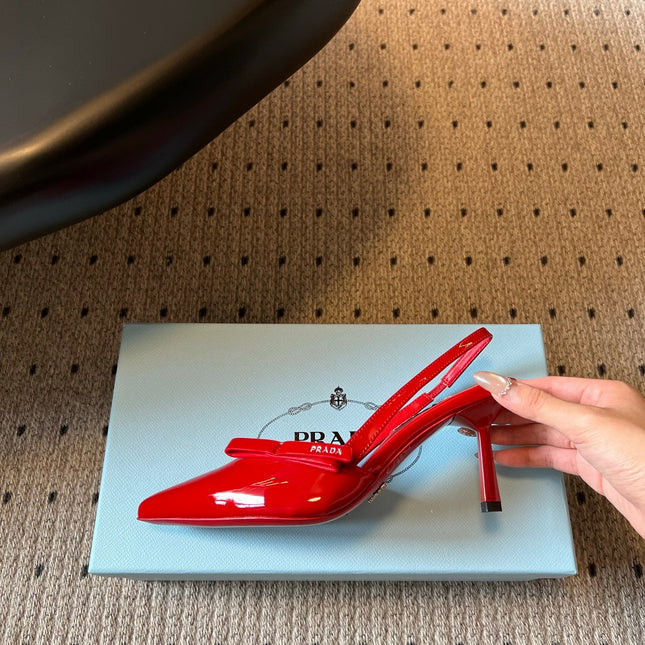 PRADA 26S BOW DETAIL SLINGBACK PUMPS 75MM IN RED PATENT CALFSKIN