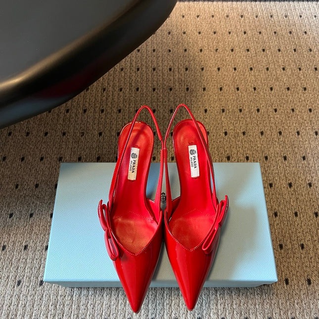 PRADA 26S BOW DETAIL SLINGBACK PUMPS 75MM IN RED PATENT CALFSKIN