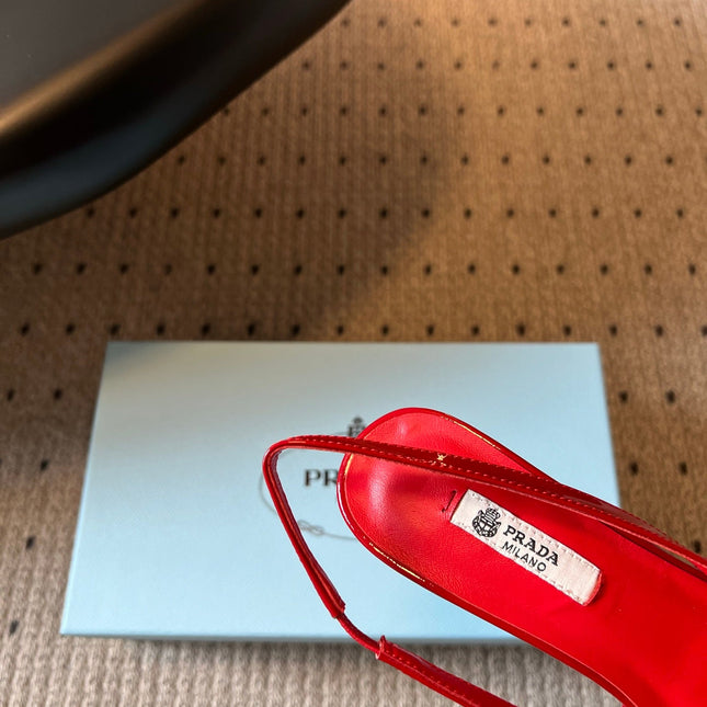 PRADA 26S BOW DETAIL SLINGBACK PUMPS 75MM IN RED PATENT CALFSKIN