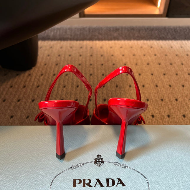 PRADA 26S BOW DETAIL SLINGBACK PUMPS 75MM IN RED PATENT CALFSKIN
