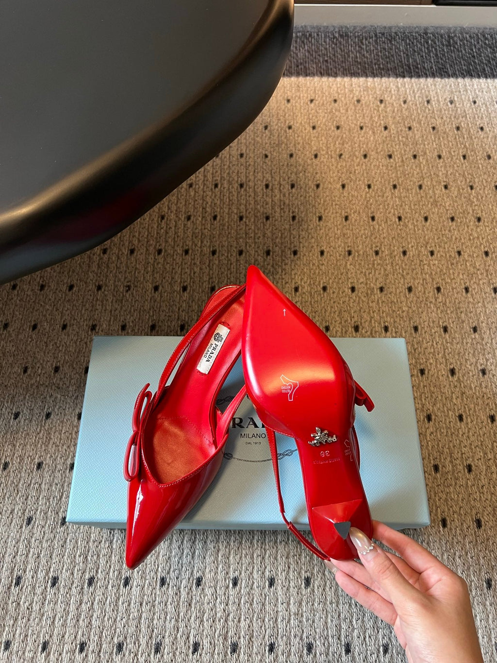 PRADA 26S BOW DETAIL SLINGBACK PUMPS 75MM IN RED PATENT CALFSKIN