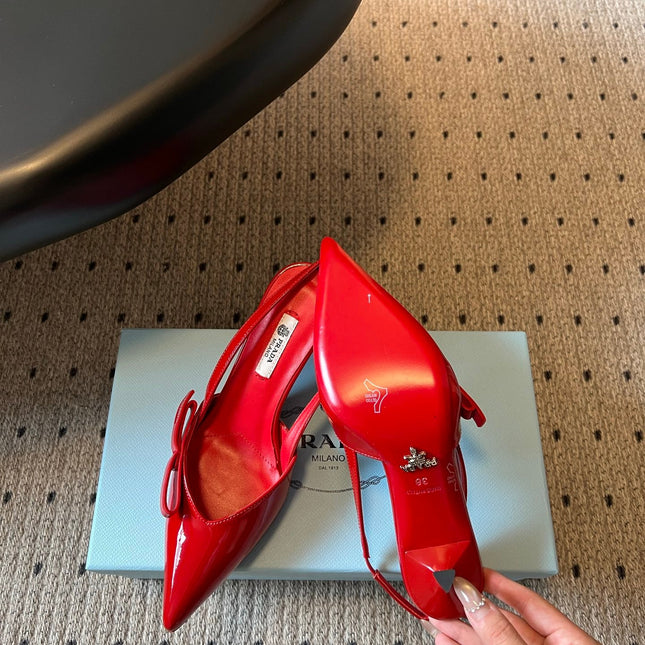 PRADA 26S BOW DETAIL SLINGBACK PUMPS 75MM IN RED PATENT CALFSKIN
