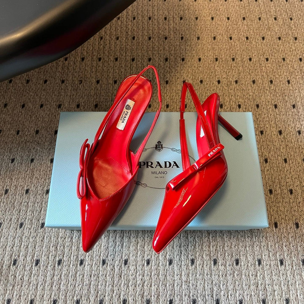 PRADA 26S BOW DETAIL SLINGBACK PUMPS 75MM IN RED PATENT CALFSKIN