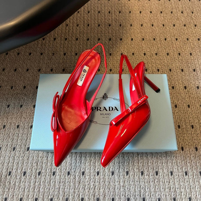 PRADA 26S BOW DETAIL SLINGBACK PUMPS 75MM IN RED PATENT CALFSKIN
