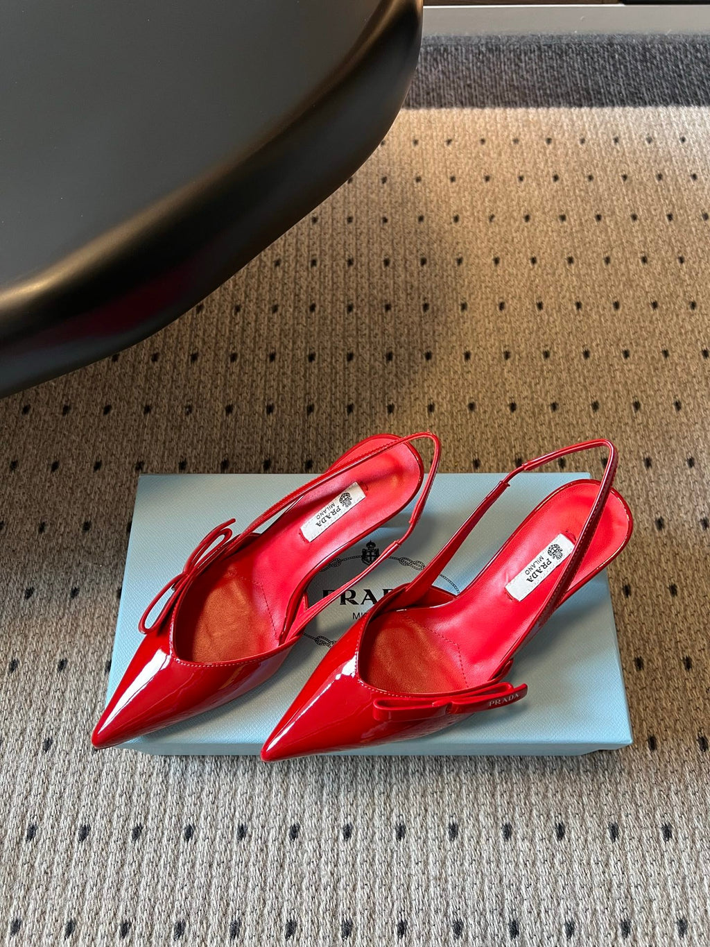 PRADA 26S BOW DETAIL SLINGBACK PUMPS 75MM IN RED PATENT CALFSKIN