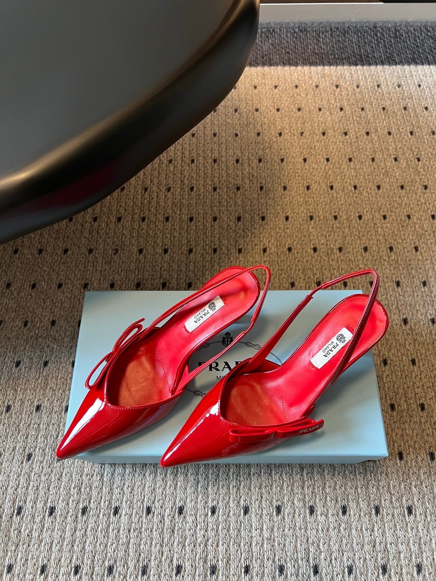 PRADA 26S BOW DETAIL SLINGBACK PUMPS 75MM IN RED PATENT CALFSKIN