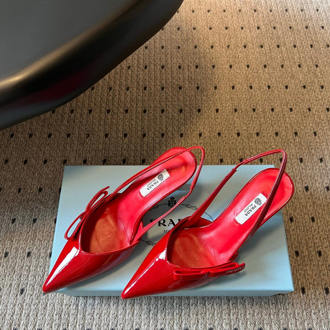 PRADA 26S BOW DETAIL SLINGBACK PUMPS 75MM IN RED PATENT CALFSKIN