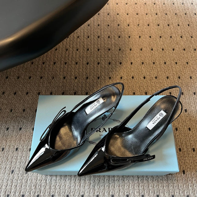 PRADA 26S BOW DETAIL SLINGBACK PUMPS 75MM IN BLACK PATENT CALFSKIN