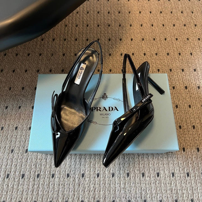 PRADA 26S BOW DETAIL SLINGBACK PUMPS 75MM IN BLACK PATENT CALFSKIN